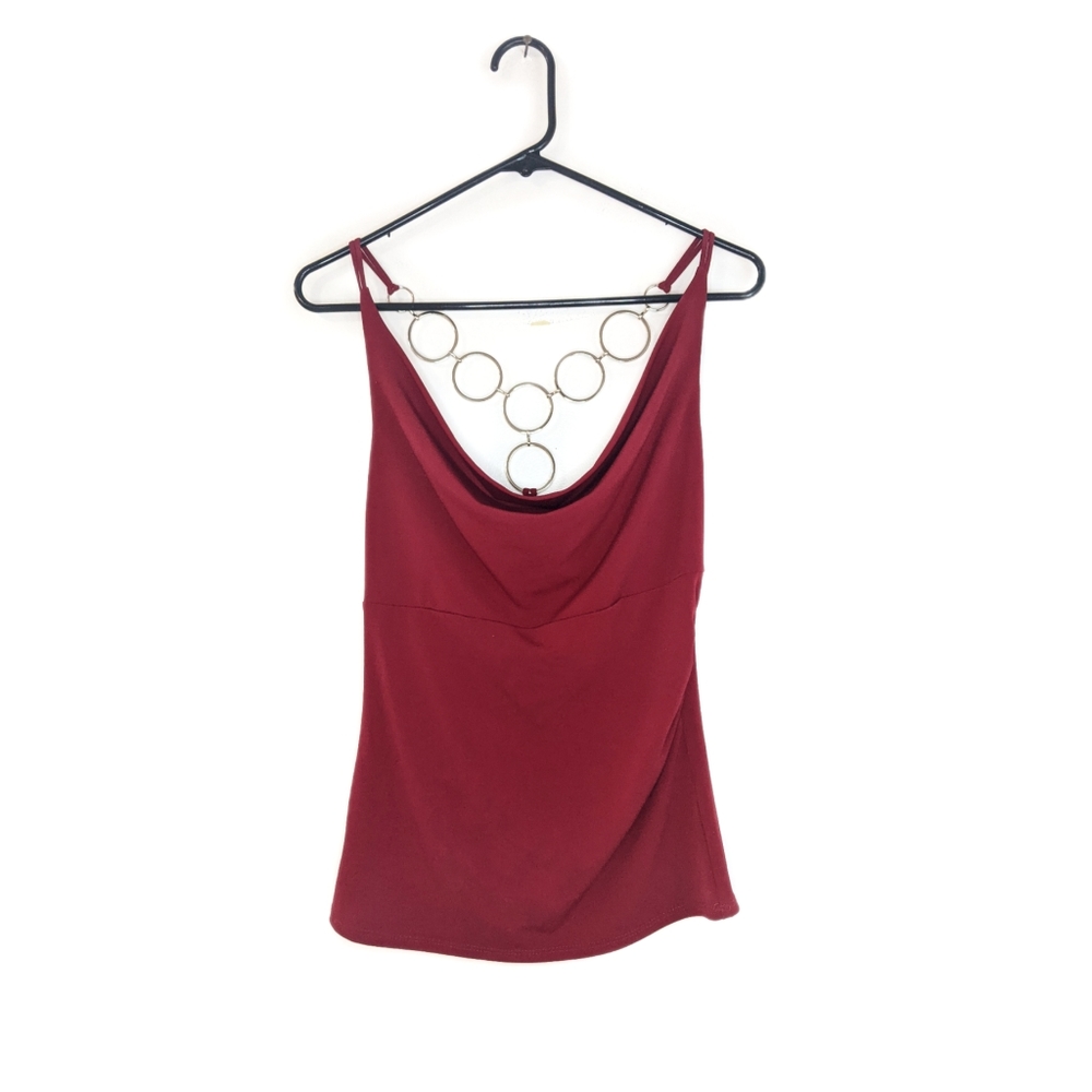 Early 2000s Red Cowl Neck Chain Back Empire/Babydoll Waist Y2K Tank Top